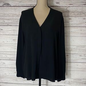 Eileen Fisher Black V-Neck Long Sleeve Button Front 100% Silk Blouse Size L
